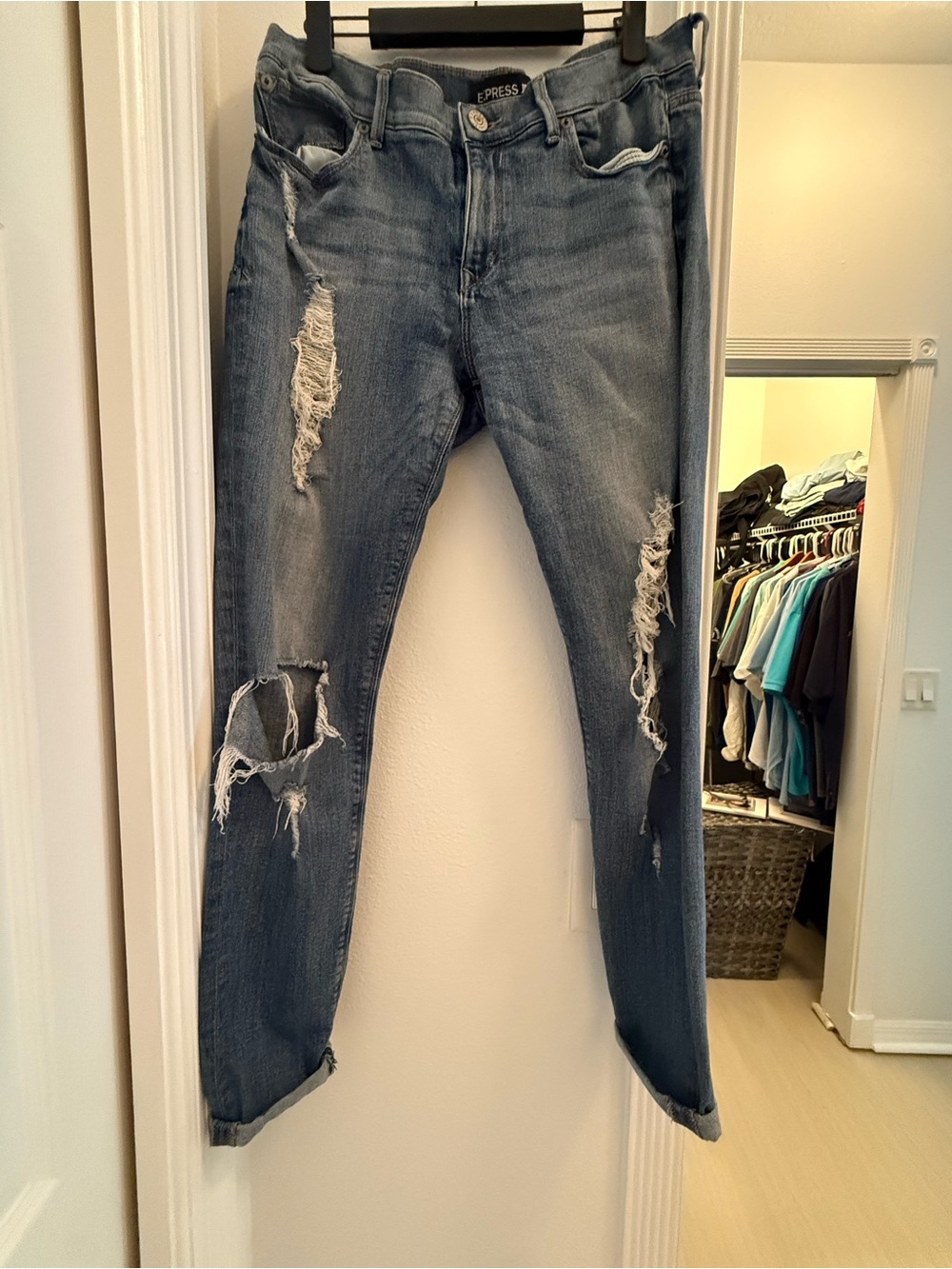 Express Distressed Boyfriend Jeans in Faded Blue